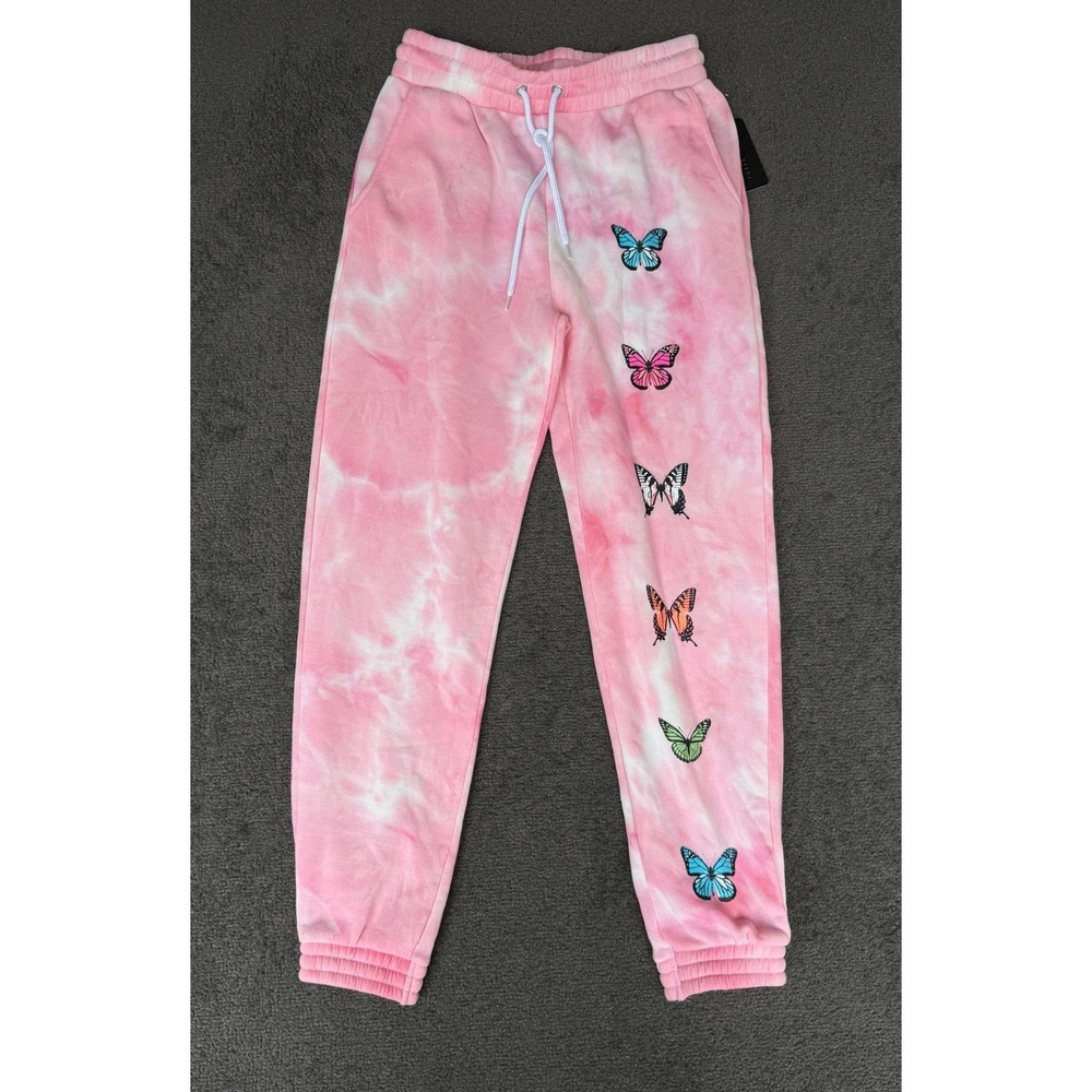Faded Rose Pink Tie Dye Butterfly Graphic Sweatpants Joggers Small NEW